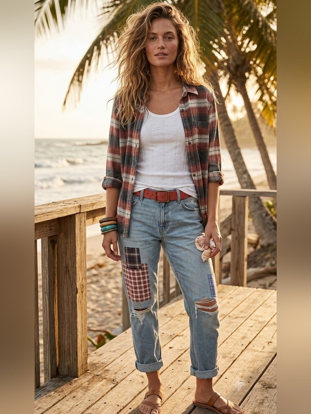 Hollister Light Blue Patchwork Boyfriend Jeans w/ tank and cotton shirt + belt
